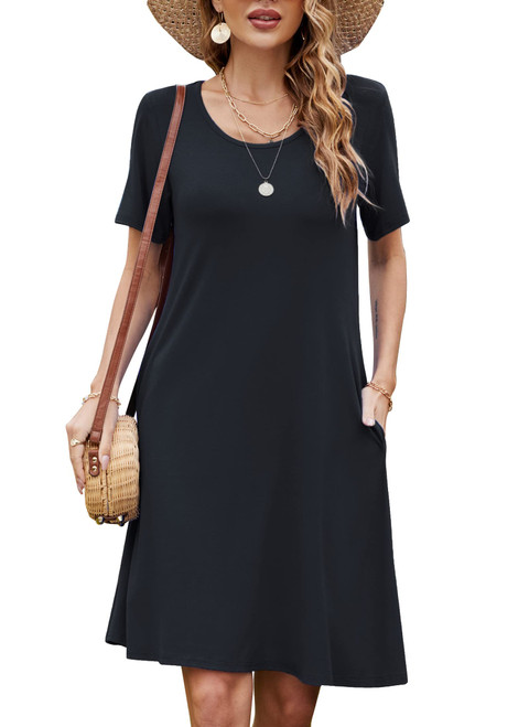 FZ FANTASTIC ZONE Women's Casual Summer T Shirt Dresses Short Sleeve Swing Dress with Pockets A Black