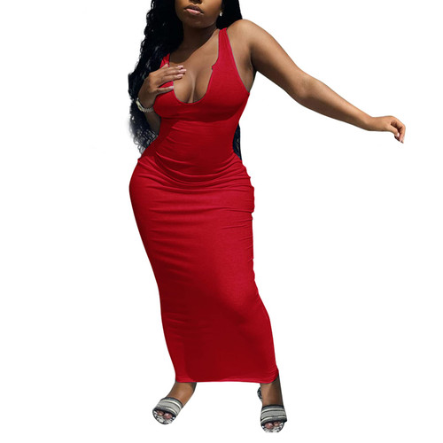 GEMEIQ Womens Summer Sexy Bodycon Sleeveless Deep Scoop Neck Maxi Dress Ribbed Knitted Tank Basic Long Sun Dresses Red GEMEIQ Womens Summer Sexy Bodycon Sleeveless Deep Scoop Neck Maxi Dress Ribbed Knitted Tank Basic Long Sun Dresses Red
