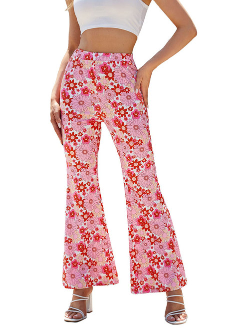 WDIRARA Women's Floral Print Elastic Waist Flare Bell Bottom Pants Stretchy Comfy Long Pants Multicolored XL