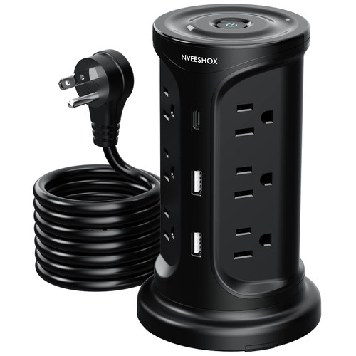 Power Strip Surge Protector Tower,Screw Wall Mount Outlet Extender with 12 AC Multiple Outlets and 3 USB Ports,6.5 FT Long Extension Flat Plug Cord,Charging Tower with Overload Protect for Office