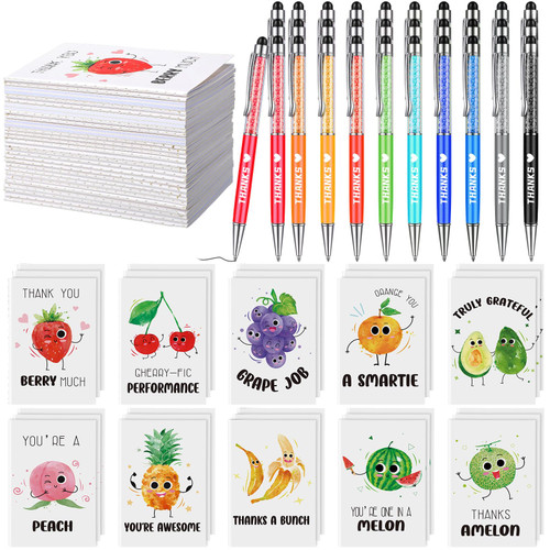 Qeeenar 60 Pcs Employee Appreciation Gifts Set Include 30 Fruit Sticky Note Pad 30 Thank You Ballpoint Pens Staff Office Inspirational Gifts Funny Memo Pads Ballpoint Pens for Coworkers Teacher Gift