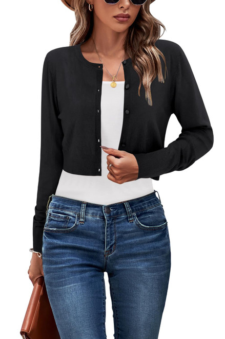 Newshows Cropped Cardigan Sweaters for Women 2023 Crew Neck Button Down Open Front Lightweight Knit Bolero Shrug Sweaters(Black, Medium)