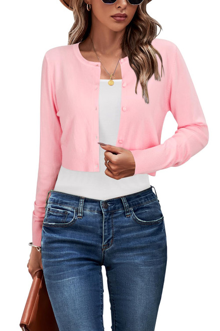 Newshows Women's 2023 Cropped Cardigan for Women Dressy Crew Neck Button Down Open Front Knit Bolero Shrug Sweater(Pink, Small)