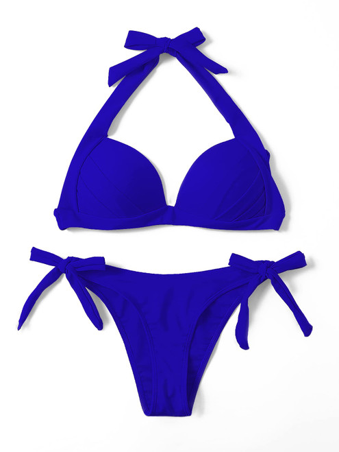 Romwe Women's 2 Piece Halter Push up Bikini Set Tie Side Swimsuit Bathing Suit Beachwear Royal Blue XL
