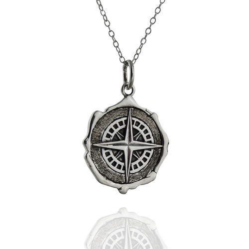 FashionJunkie4Life Sterling Silver Compass Wax Seal Charm Pendant Necklace, 18" Cable Chain, Graduation Gift