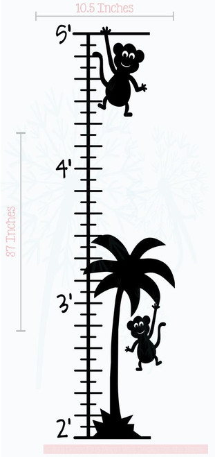 Monkey Palm Tree Growth Chart Vinyl Decals Nursery Wall Stickers 10.5x37-Inch Black