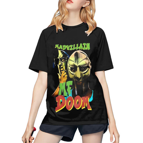 MF Music Doom T Shirts Women's Short Sleeve Baseball Shirt Causal Cotton Comfort Crewneck Graphic 80s 90s Tee Tshirts for Women Youth Teen Girls Summer Tops Black