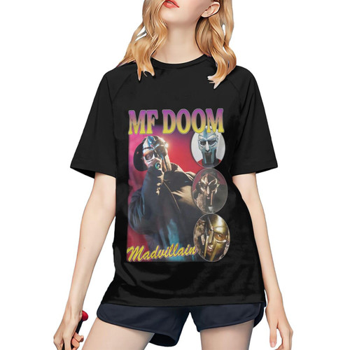 MF Music Doom T Shirts Women's Short Sleeve Baseball Shirt Causal Cotton Comfort Crew Neck Graphic 80s 90s Tee Tshirts for Women Youth Teen Girls Summer Tops Black