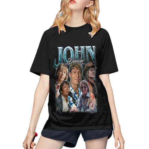 John Music Denver T Shirts Women's Short Sleeve Baseball Shirt Causal Cotton Comfort Crew Neck Graphic 80s 90s Tee Tshirts for Women Youth Teen Girls Summer Tops Black