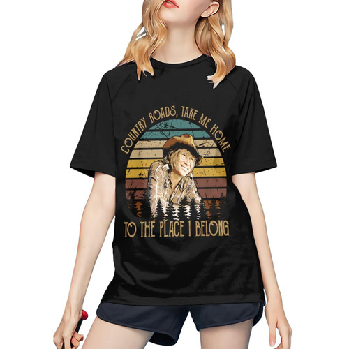 John Music Denver T Shirts Womens Short Sleeve Baseball Shirt Causal Cotton Comfort Round Neck Graphic 80s 90s Tee Tshirts for Women Youth Teen Girls Summer Tops Black