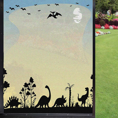 Dinosaur Frosted Window Film Window Privacy Film,Dinosaurs in Fauna Graphic Illustration Extinct Animals Sunset Prehistoric Time Window Decal for Bathroom Kitchen Room Office,Sand Brown 24" x 36"