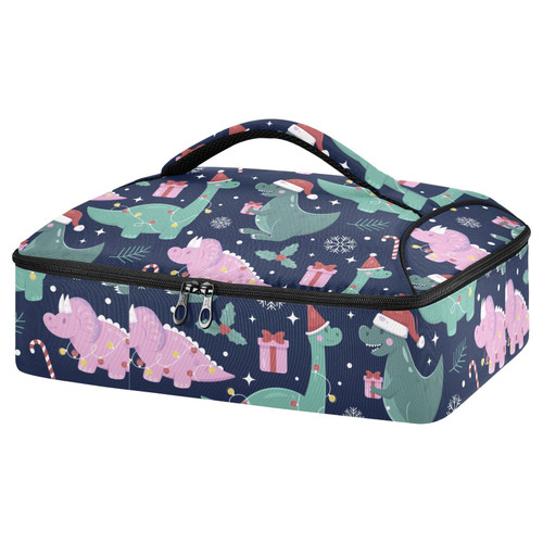 Merry Christmas Dinosaur Insulated Casserole Carrier for Hot or Cold Food Lasagna Holder Tote with Dish Storage Expandable Hot Food Carrier for Picnic Potluck Parties Cookout Beach Traveling