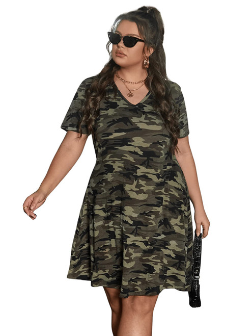 SOLY HUX Women's Plus Size Camo Print V Neck Short Sleeve Casual T Shirt Dress Multicoloured 3XL SOLY HUX Women's Plus Size Camo Print V Neck Short Sleeve Casual T Shirt Dress Multicoloured 3XL