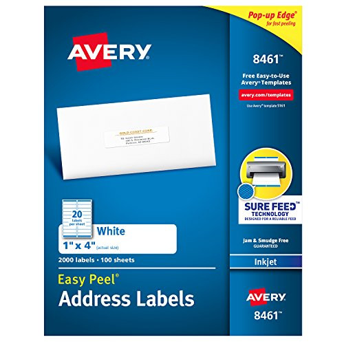 Avery Address Labels with Sure Feed for Inkjet Printers, 1" x 4", 2,000 Labels, Permanent Adhesive (8461)