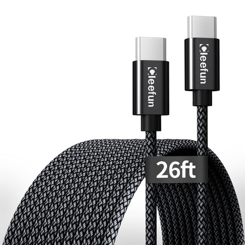 CLEEFUN Extra Long USB C to USB C Cable [26ft/8m], Long USB-C to USB-C Charging Cable, Long USB Type-C to USB Type-C 2.0 Cable PD Charger Cord Nylon Braided