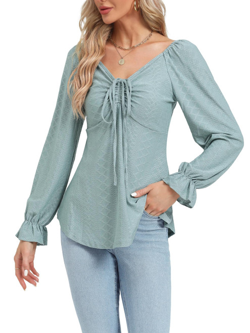 LYANER Women's Casual V Neck Ruffle Trim Long Sleeve Ruched Drawstring Front Blouse Shirt Top Pea Green Large LYANER Women's Casual V Neck Ruffle Trim Long Sleeve Ruched Drawstring Front Blouse Shirt Top Pea Green Large