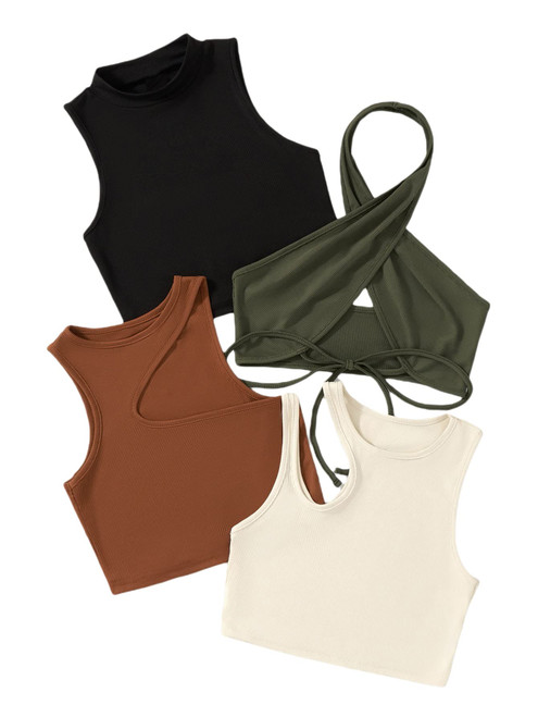 GORGLITTER Women's 4 Piece Cut Out Ribbed Knit Crop Tops Crewneck Tank Top Halter Tops Black Brown Green White Medium