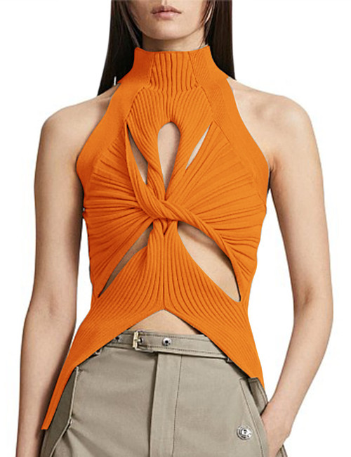 SAFRISIOR Women Sexy Hollow Out Twist Front Knitted Tank Tops Sleeveless High Neck Cut Out Sweater Vest Orange