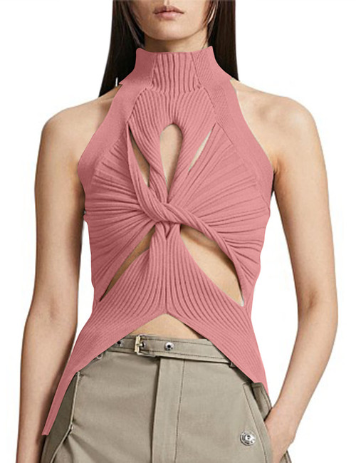 SAFRISIOR Women Sexy Hollow Out Twist Front Knitted Tank Tops Sleeveless High Neck Cut Out Sweater Vest Pink