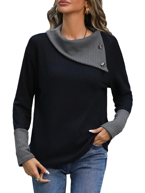 MakeMeChic Women's Casual Asymmetrical Button Front Long Sleeve Knitted Tee Shirts Tops Black M