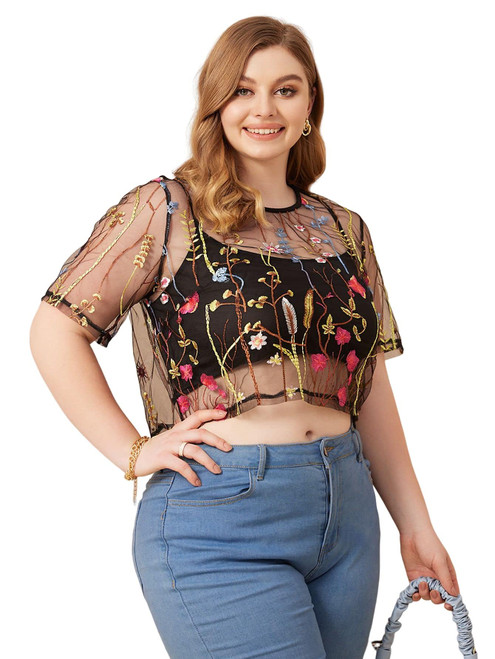 SOLY HUX Women's Plus Size Sheer Mesh Floral Print Crop Tops Tee Sexy See Through Short Sleeve T Shirt Blouse Black Red Floral 5XL