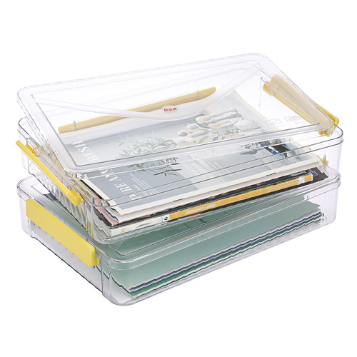 BTSKY 2 Pack Clear Plastic File Storage Boxes with Latching Lids Stackable File Protector Case Organizer Portable Plastic Storage Containers for A4 File Paper Office Documents Holder (Big, Yellow)