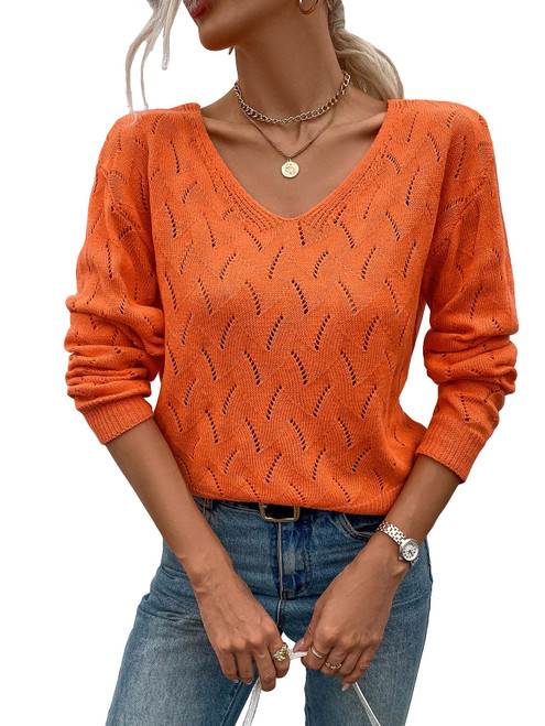 Milumia Women's Button Back V Neck Long Sleeve Knit Top Drop Shoulder Pullover Sweaters Orange X-Large