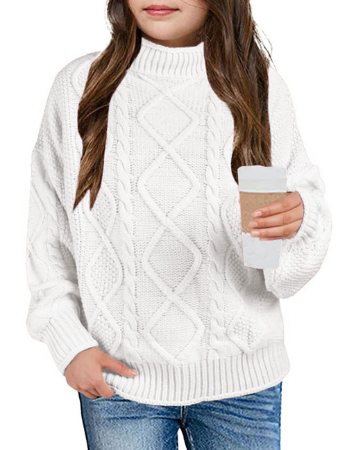 Girls Sweater Pullover Cable Knit Long Sleeve Turtleneck Chunky Warm Top White