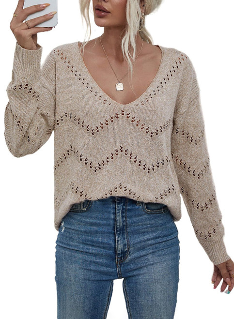 EVALESS Fall Sweaters for Women 2023 Knitted Tops Long Sleeve Khaki Sweaters Deep V Neck Blouses for Women Dressy Casual Crochet Sweaters Cozy Clothes Outfits Pullover Sweater Jumper Tops, Medium