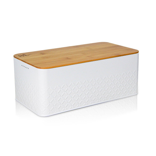 Minsify Bread Box for Homemade Bread with Bamboo Lid Cutting Board-Bread Storage for kitchen counter- Bread Container for Farmhouse Kitchen-Metal Box Bread Holder-White Bread Keeper