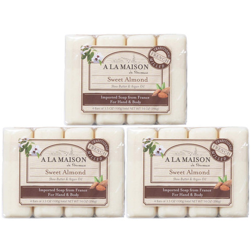A LA MAISON Sweet Almond Bar Soap - Triple French Milled Natural Moisturizing Hand Soap Bar, 3 Pack (12 Total Bars, 3.5 oz)