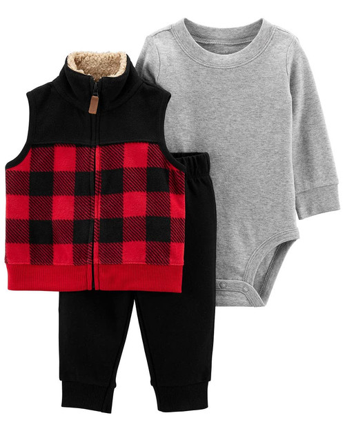 Carter's Baby Boys' 3 Piece Vest Set (Plaid/Red/Black, 3 Months)