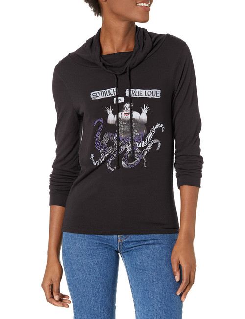 Disney Villains Ursula Word Fill Women's Cowl Neck Long Sleeve Knit Top, Black, Large