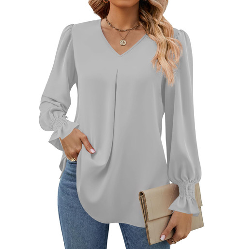 Funlingo Long Sleeve Tunics Tops to Wear With Leggings Dressy Casual Blouse Flowy Work Long Shirts Grey Large