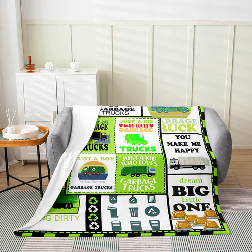 jejeloiu Garbage Truck Flannel Fleece Throw Blanket for Bed Sofa Couch Kids Cartoon Car All Season Bed Blanket Room Decor Cute Truck Plush Blanket Plaid Grid Green All Season Bed Blanket Baby 30"x40"