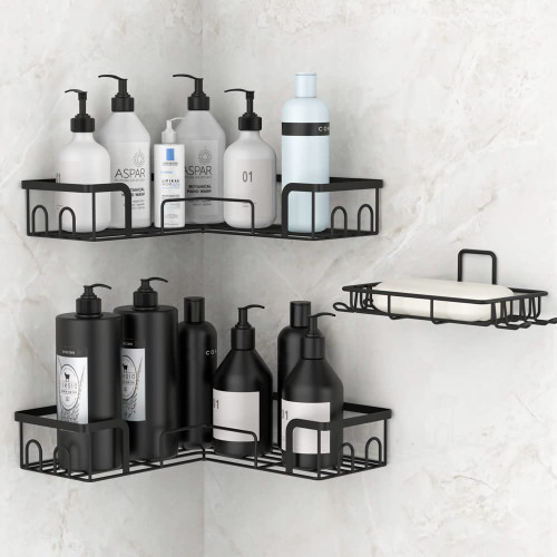 iMooxy Corner Shower Caddy, 3 Pack Adhesive Stainless Steel Shower Organizer with Soap Holder, Corner Shower Shelf, No Drill Wall Mounted Rustproof Bathroom Racks, Shower Shelves Storage Black
