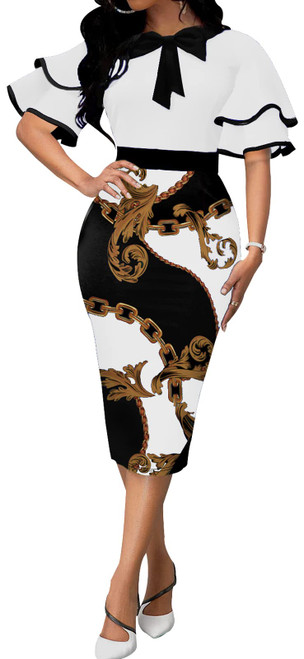 FoveNK White Church Dress for Women Short Ruffles Sleeve Elegant Crew Neck Pencil Business Bodycon Dresses with Zipper Bow