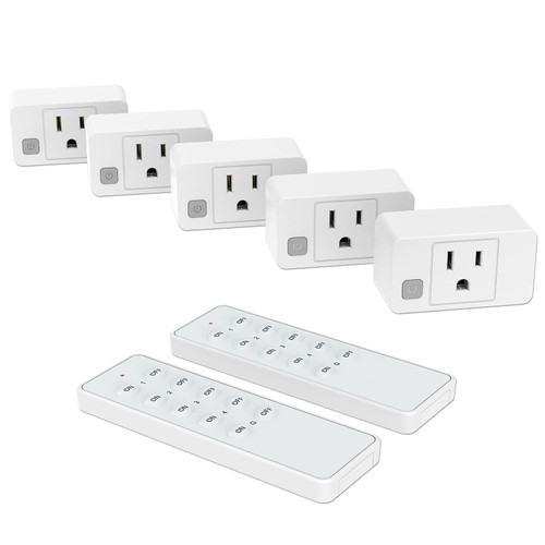 Gmornxen Wireless Remote Control Outlet Switch, Remote Plug Sockets 230ft RF Range, Remote Light Switch Kit for Household Appliances, 5 Outlets + 2 Remotes, 1800W, White
