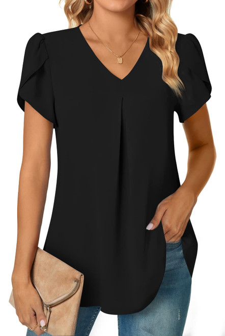 Anyally Womens Summer Dressy Chiffon Blouses V Neck Petal Short Sleeve Tunic Tops for Leggings Casual T-Shirts, L Black