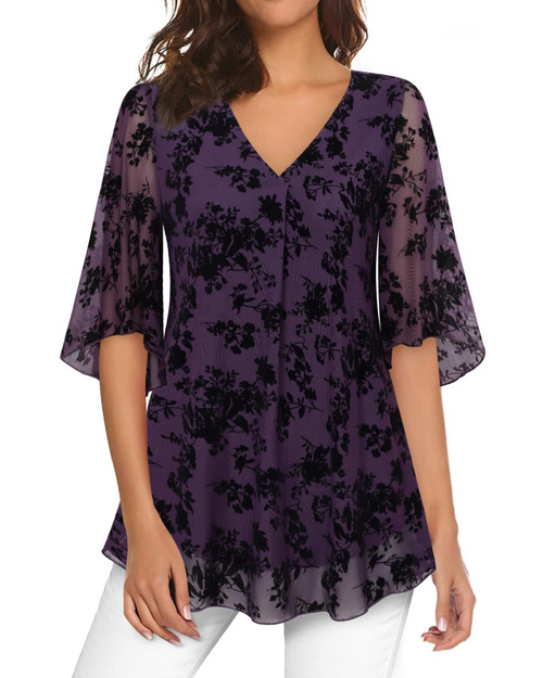 Bebonnie Tunic Tops to Wear with Leggings,Ladies Plus Size Evening Tops 3/4 Bell Sleeve Dressy Shirts Professional Business Casual V Neck Formal Chiffon Blouse Office Work Clothes Dark Purple XL