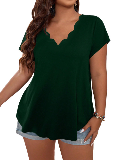 SOLY HUX Women's Plus Size Scalloped Trim V Neck Short Sleeve T Shirt Summer Tee Tops Plain Dark Green 3XL