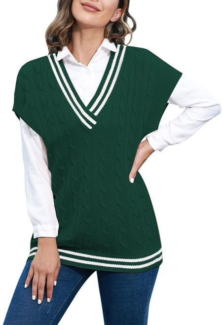 Sweater Vest for Women Oversized V Neck Vintage Cable Knit Sleeveless Sweater Tops Dark Green M