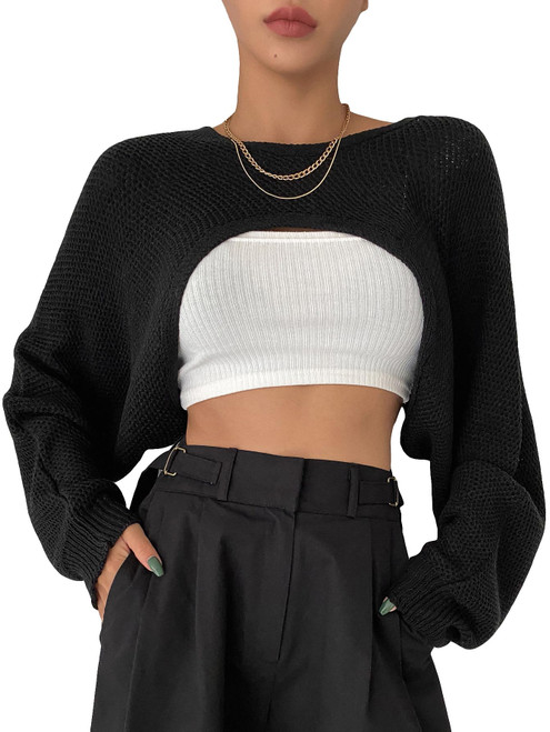 GORGLITTER Women's Long Sleeve Round Neck Pullover Sweater Super Crop Top Black Medium