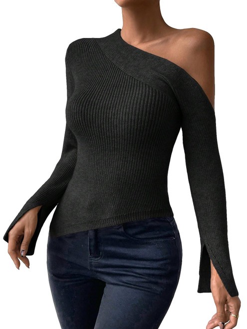 MakeMeChic Women's Asymmetrical One Shoulder Long Sleeve Ribbed Knit Tee Shirt Split Pullover Sweater Tops Black M