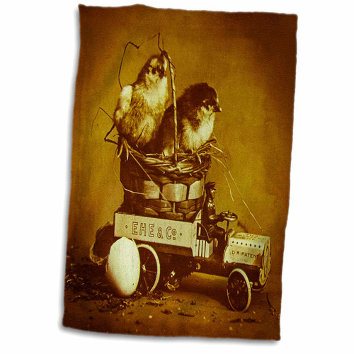 3dRose Baby Chicks in a Mechanical Tin Car Vintage Sepia Magic Lantern Slide - Towels (twl-246428-1)