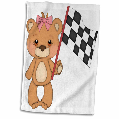 3dRose Anne Marie Baugh - Car Racing - Cute Girl Bear With Car Race Flag - Towels (twl-210740-1)