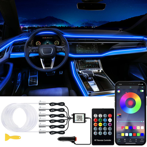 Jushope Interior Car LED Strip Lights with Wireless APP and Remote Control, RGB 6 in 1 Ambient Lighting Kits with 315 inches Fiber Optic, 16 Million Colors Car Neon Lights, Sync to Music