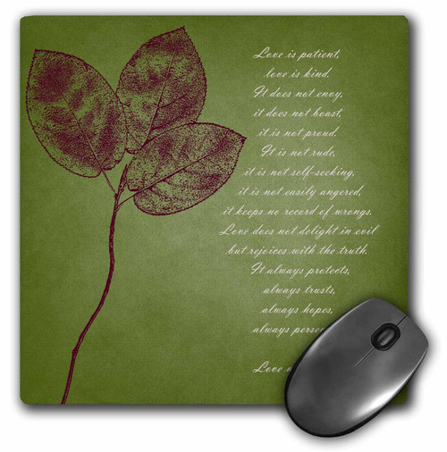 3dRose LLC 8 x 8 x 0.25 Inches Mouse Pad, Red Leaves Inspirational Love is Patient Love is Kind Bible Verse (mp_99339_1)