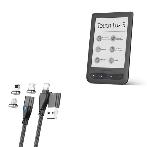 BoxWave Cable Compatible with Pocketbook Touch Lux3 - MagnetoSnap PD AllCharge Cable (100W), Magnet PD 100W Charging Cable USB Type-C Micro USB for Pocketbook Touch Lux3 - Jet Black