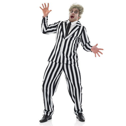 Fun Shack Black and White Striped Suit Men Costume, Spooky Halloween Costumes for Men, Scary Halloween 80s Movie Costumes, Medium